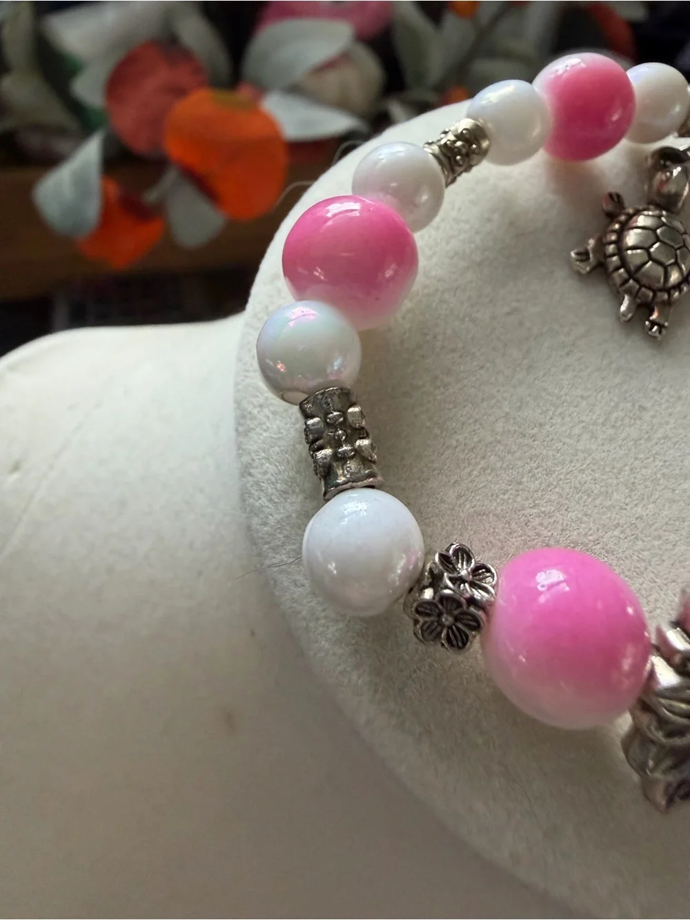 Handmade Pink & White Beaded Turtle Charm Bracelet